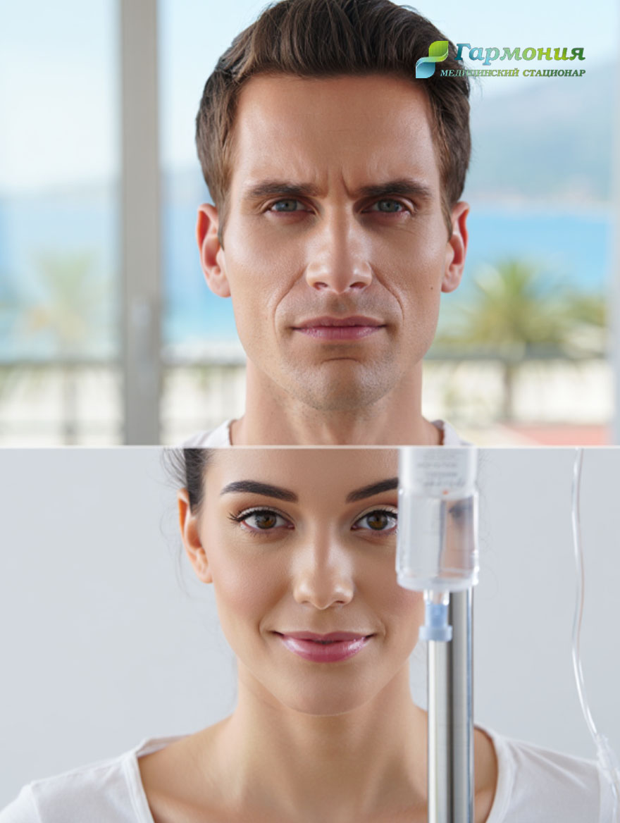 Мужчина в стрессе и врач с капельницей