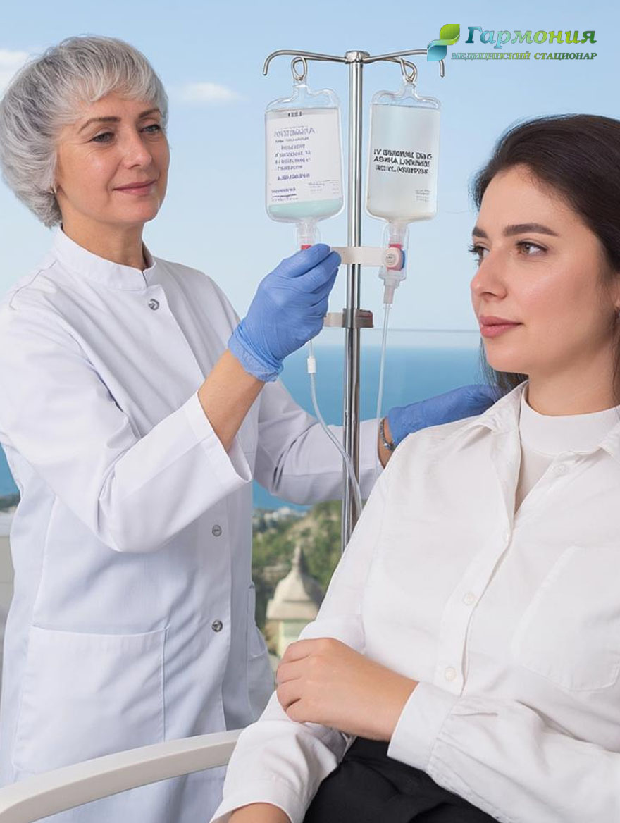 Врач и пациент с капельницей на фоне берега Могилёва