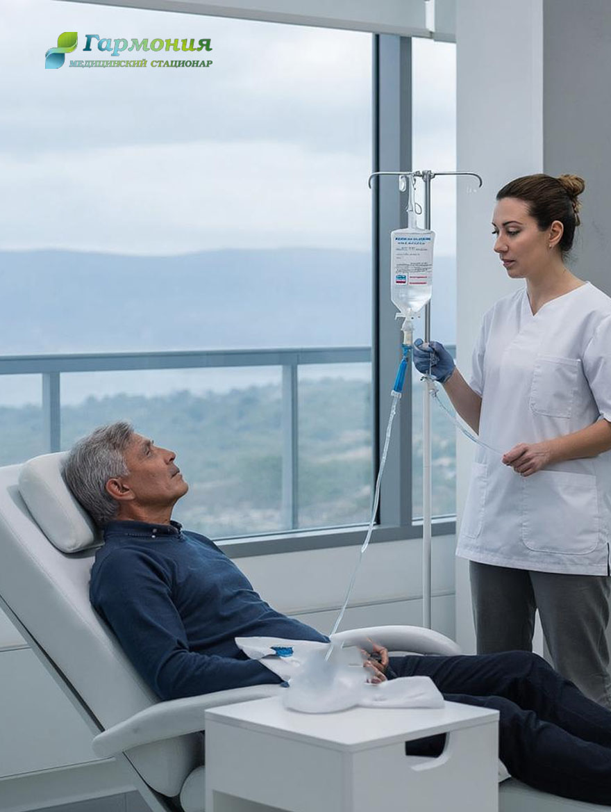 Врач и пациент с капельницей на фоне берега Могилёва